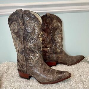FERRINI Leather Unique Embroidered Cowboy Boots 9.5